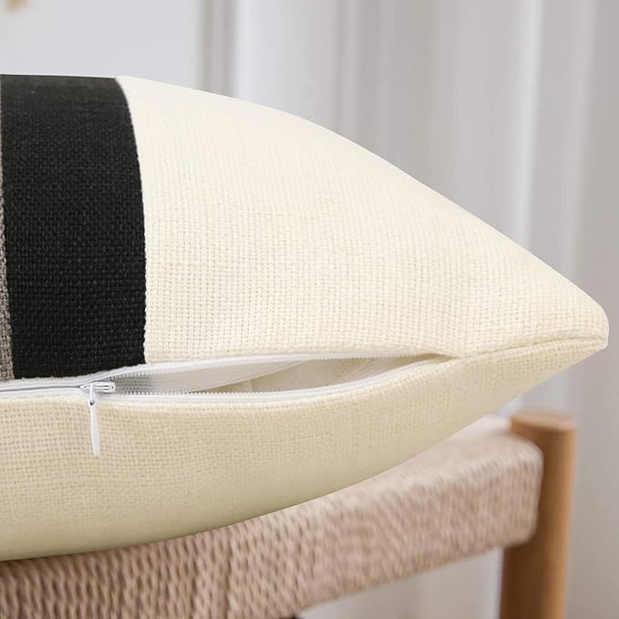 Pyonic 12x20 Pillow Covers Set of 2 Farmhouse Decor Stripe Patchwork Linen Throw Lumbar Pillow Covers Boho Accent Cushion Covers for Couch Sofa,Black White Grey