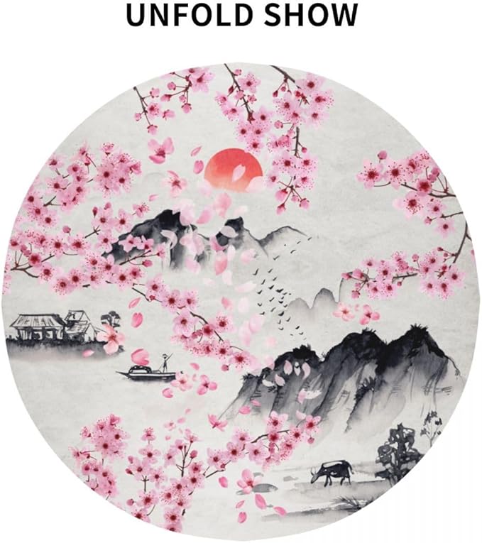 Japanese Tablecloth, Traditioanal Cherry Blossom Chinese Landscape Oriental Vintage Water Resisitant Wipeable Table Cover for Dining Kitchen Living Room Home Party Holiday Decor 70 inch Round