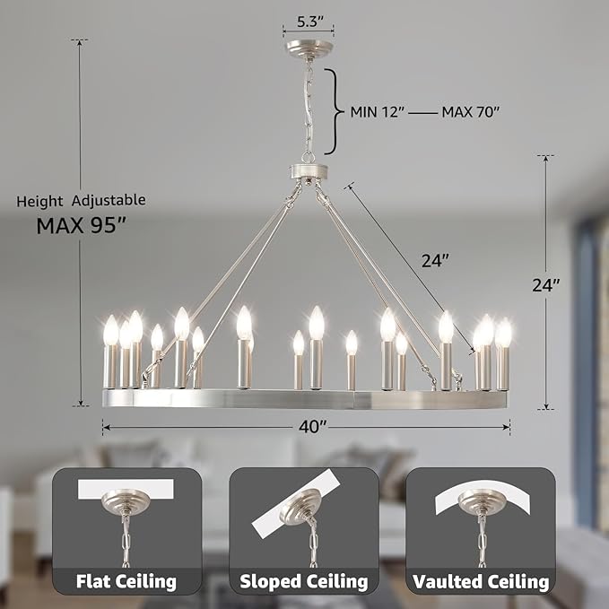 Silver Wagon Wheel Chandelier 40”, Farmhouse Brushed Nickel Chandelier for Dining Room 20-Light, Modern Round Living Room Chandeliers Light Fixture for Foyer, Entryway, E12