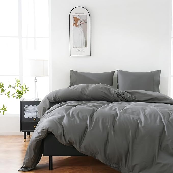 100% Organic Cotton Duvet Cover King 400 Thread Count Sateen Comforter Cover Soft and Breathable Cooling Bedding Set 3 Piece（Dark Grey,King）