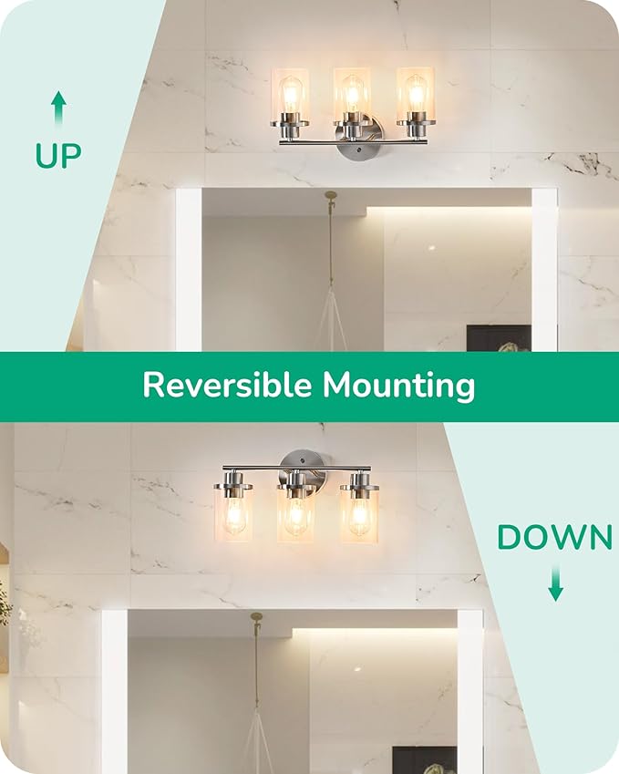 EDISHINE Bathroom Light Fixtures, 3-Light Bathroom Vanity Light Over Mirror, Brushed Nickel Wall Sconces Lighting with Clear Glass Shade Modern Bath Wall Mount Lamp for Vanity Table, Powder Room