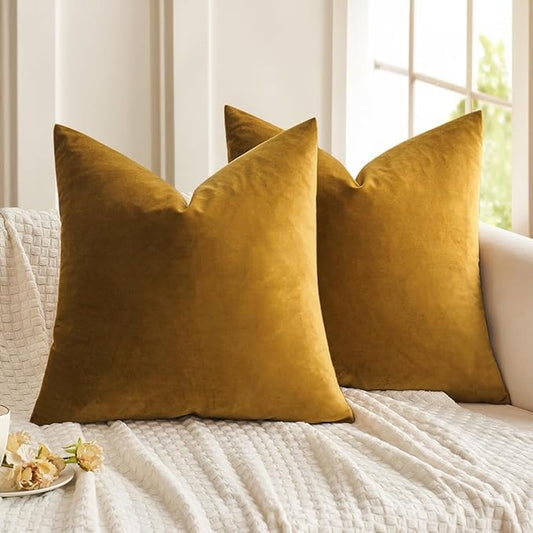 MIULEE 24x24 Inch Euro Sham Velvet Pillow Covers, Set of 2 Large Square Decorative Pillows -Mustard Yellow Super Soft for King Bed, Sofa, Couch, Accent Chairs with Hidden Zipper