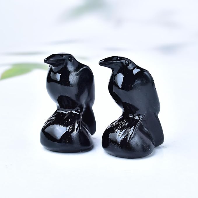 Natural Obsidian Crystal Raven Statue 2" Healing Crystal Handmade Sculpture Lucky Guardian Pocket Statues Reiki Meditation Office Home Decoration Gift