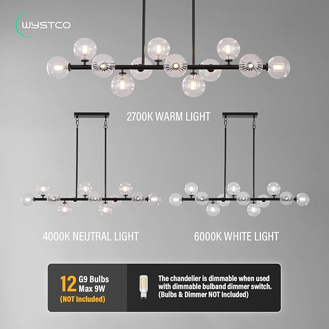 50 Inch Large Sputnik Globe Chandelier, 12-Light Mid Century Modern Light Fixture Over Table, Black Linear Chandeliers for Dining Room Kitchen Island Living (Clear Glass Bubble Shades)