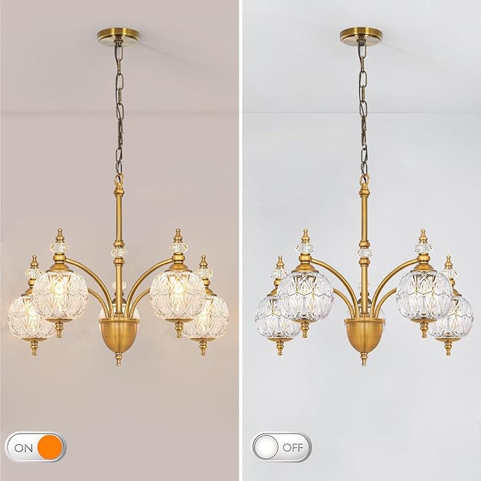 Vintage Brass Chandelier - Adjustable Height Dining Room Light Fixture with Handcrafted Blown Glass - 5-Light E26 Base, Ideal for Kitchen, Entryway, Bedroom, Enhances Luxury Home Decor for Discerning