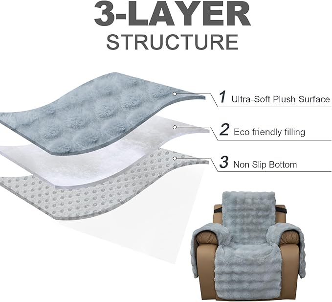 Plush and Fuzzy Shaggy Couch Cover, Dog Pad Faux Fur Sofa Cover, Water Resistant Slipcover, Non-Slip Furniture Protector for Kids,Dogs,Cats.(Light Gray-Bubble, Small Recliner)