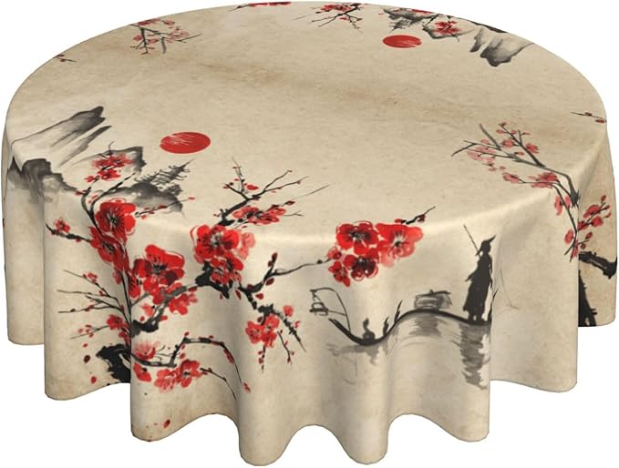 Cherry Blossom Tablecloth, Traditioanal Japanese Landscape Oriental Chinese Floral Vintage Water Resisitant Wipeable Table Cover for Dining Kitchen Living Room Home Party Holiday Decor 60 inch Round