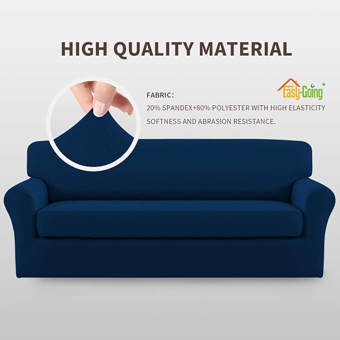 Easy-Going 2 Pieces Microfiber Stretch Sofa Slipcover – Spandex Soft Fitted Sofa Couch Cover, Washable Furniture Protector with Elastic Bottom Kids,Pet (Sofa, Navy