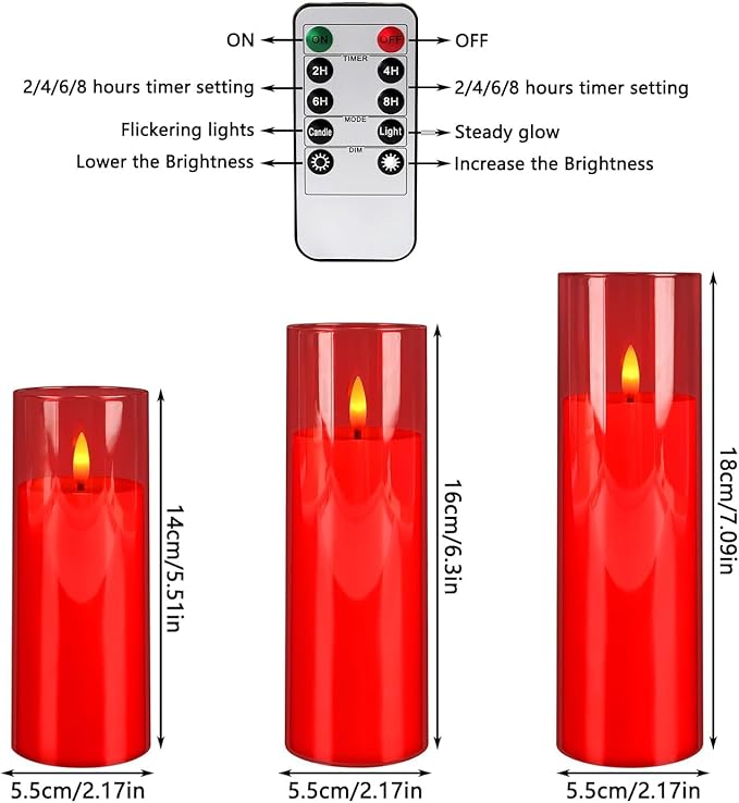 24-Pack Flameless LED Pillar Candles with Remote & Timer - Realistic Flickering Christmas Candles for Holiday Decor, Winter Wedding, Fireplace Mantel, Festive Home Ambiance (Red)