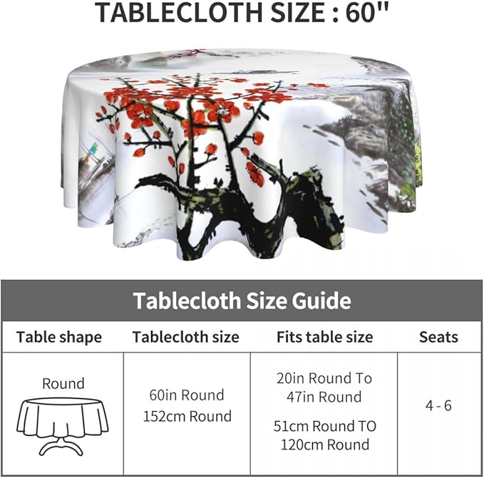 Chinese Landscape Tablecloth, Traditioanal Cherry Blossom Japanese Oriental Vintage Eastern Water Resisitant Wipeable Table Cover for Dining Kitchen Living Room Home Party Holiday Decor 36 inch Round