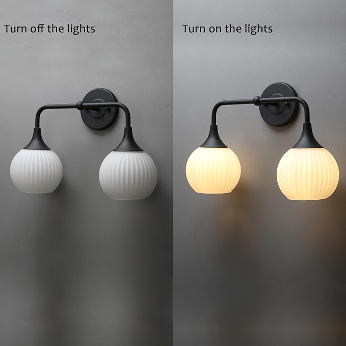 PERMO Double Sconce Black Vintage Vanity Light 2-Light Wall Sconces with White Ribbed Globe Glass Shade Hardwired Wall Light Fixture for Bathroom Mirror Cabinets Hallway Stairs