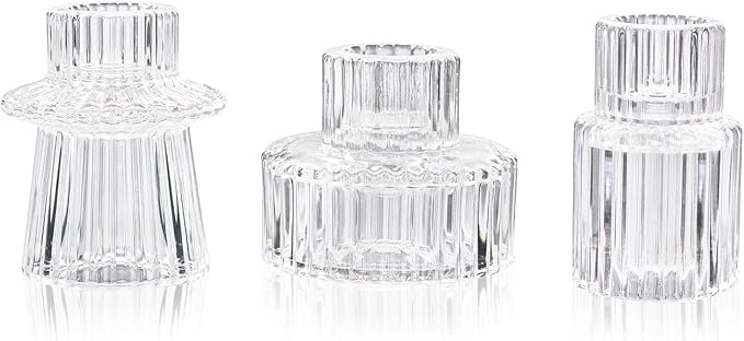 WELLIFE Candlestick Holders-Glass Candle Holder, Clear - Set of 3 for Wedding, Party & Table Centerpiece Decor
