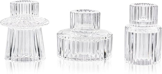WELLIFE Candlestick Holders-Glass Candle Holder, Clear - Set of 3 for Wedding, Party & Table Centerpiece Decor