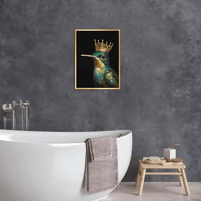 AIMAILON Vintage Gold Canvas Wall Art Framed Decor for Living Room - Hummingbird Birds King Wall Art, Retro Golden Wall Prints of Bird with a Crown, Modern Animal Bird Art Picture Bathroom Decor 12x16