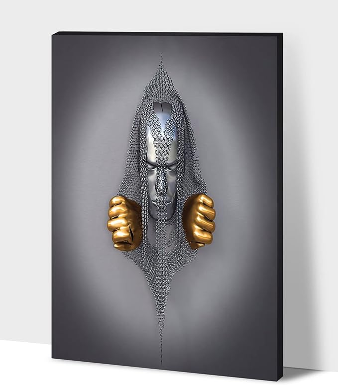 HIPOCAPO 3D Metal Effect Wall Art - Decor Artwork Silver Figure Statue Canvas Painting, Framed Gold for Living Room 24”x36”x1Pcs 3d Art-18