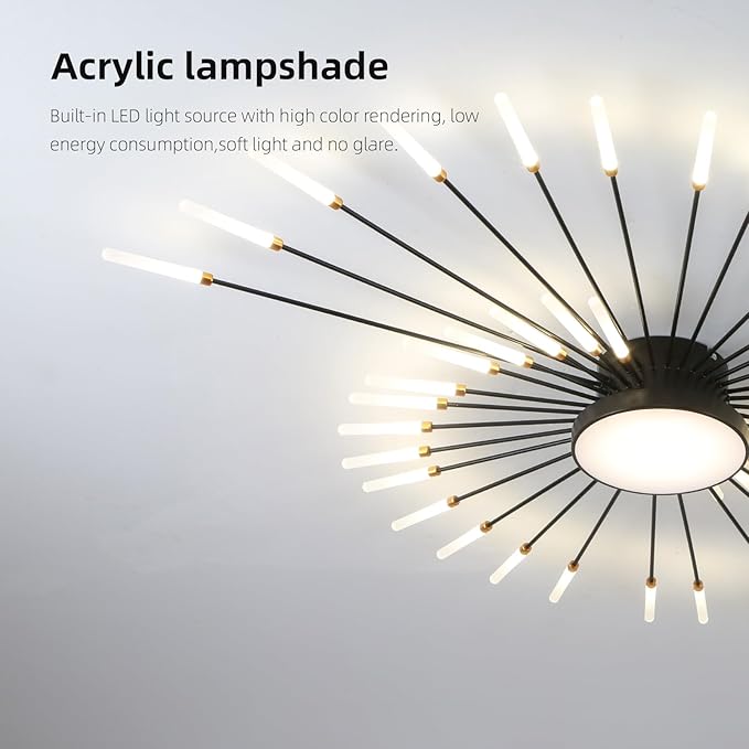 JAYMP Ceiling Light Modern Flower Shape Ceiling Lamp for Living Room Dining Room Flush Mount Metal Acrylic Sputnik Firework Petal LED Lighting Fixture (Matte Black, 42+1 Lights)