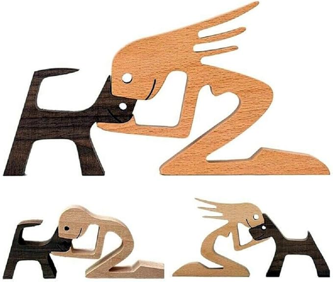 Handmade Wooden Unique Gift for Dog Lover, Wooden Woman and Dog Carving Statue, Wood Sculpture Home Office Tabletop Figurine Carved Wood Decor (E)