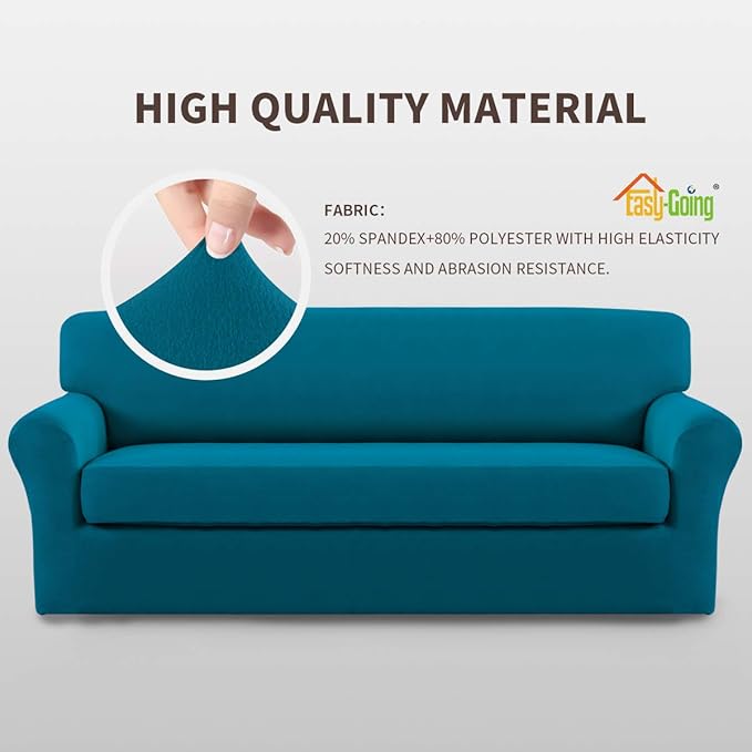 Easy-Going 2 Pieces Microfiber Stretch Sofa Slipcover – Spandex Soft Fitted Sofa Couch Cover, Washable Furniture Protector with Elastic Bottom Kids,Pet (Oversized Sofa, Peacock Blue)