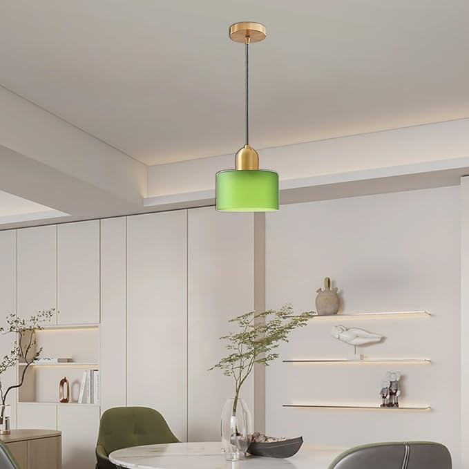 Modern Glass Pendant Light, E26 Hanging Light Fixture with Gold Metal Socket, Adjustable Cord Ceiling Lighting for Kitchen, Dining Room, and Bedroom (Frosted Green)
