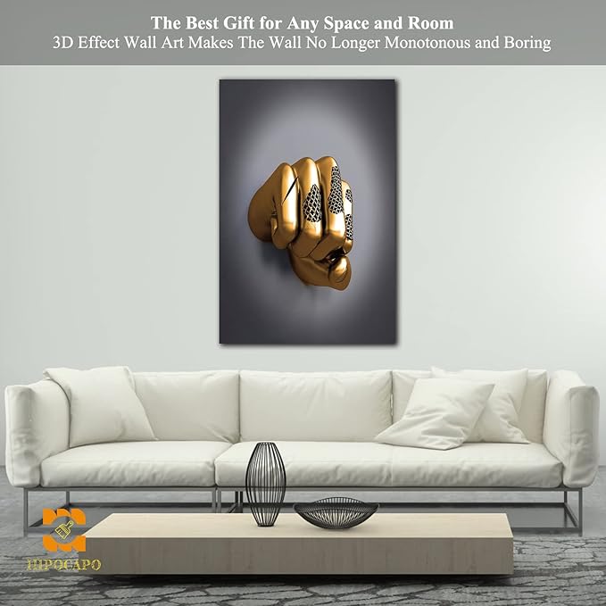3D Wall Art - Abstract 3D Metal Effect Canvas Wall Art, 3D Modern Wall Art for Office, Golden Boxer Gesture 3D Art Wall Decor for Modern Bedroom Decor Framed 28”x40”x1Pcs
