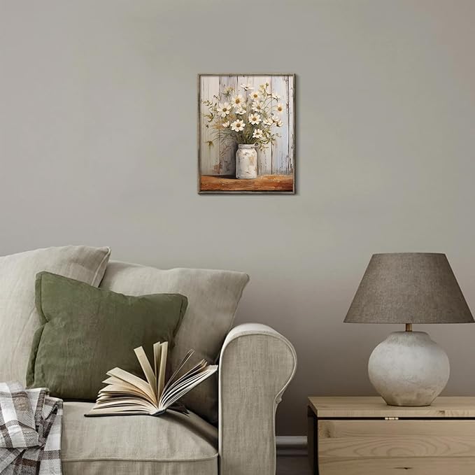 XOCUUI Vintage Canvas Wall Art, Modern Gallery Decor Print White Daisy Flower With Leaf In Bottle Theme Picture Artwork For Walls Ready for Kitchen Bedroom Decor Size 8x10