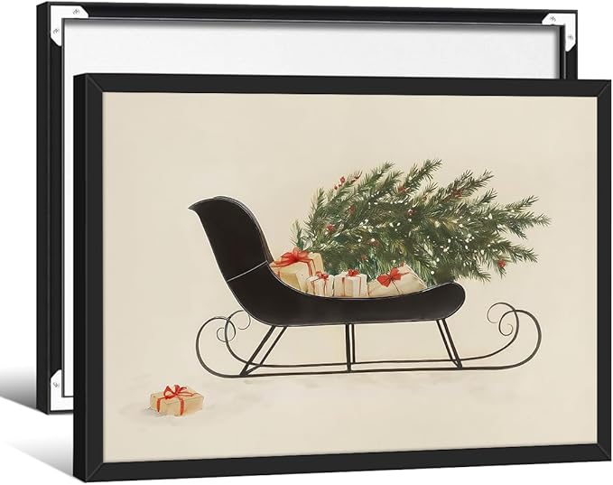 Winter Holiday Sleigh Canvas Wall Art Vintage Christmas Tree Poster Retro Botanical Pine Tree Sketch Painting Prints 12x16 inch Black Framed for Living Room Bedroom Wall Decor