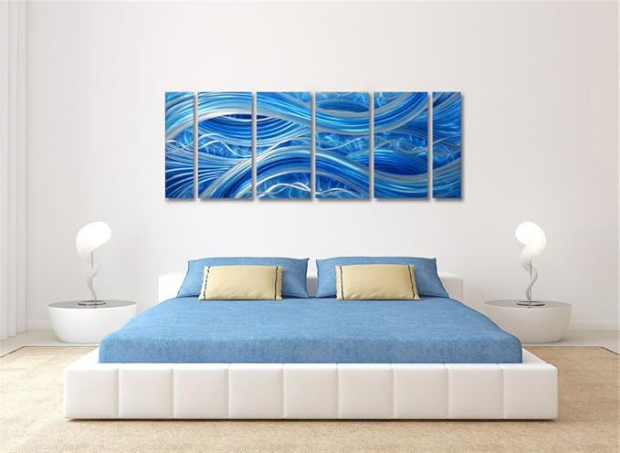 MyArton Handmade Abstract Metal Wall Art with Soft Color, Large Scale Decor in Blue Line Design, 3D Artwork for Indoor Outdoor Wall Decorations, 6-Panels Metal Art Measure 24"x 65"