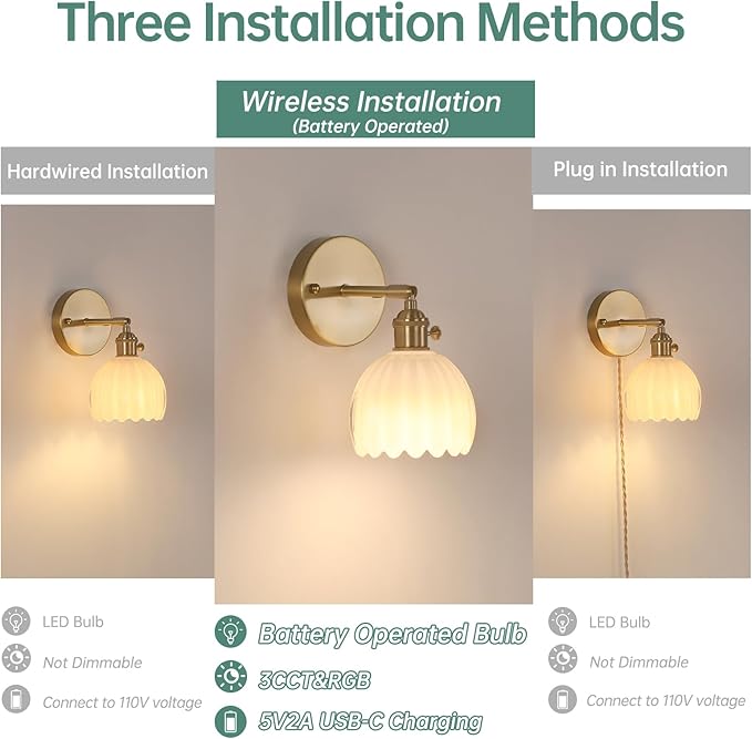 Vintage Battery Operated Wall Sconce with Cute White Tulip Glass Lampshade Wireless Rechargeable Battery Powered Wall Light with Remote Control for Bedside Bedroom Doorway, Set of 2