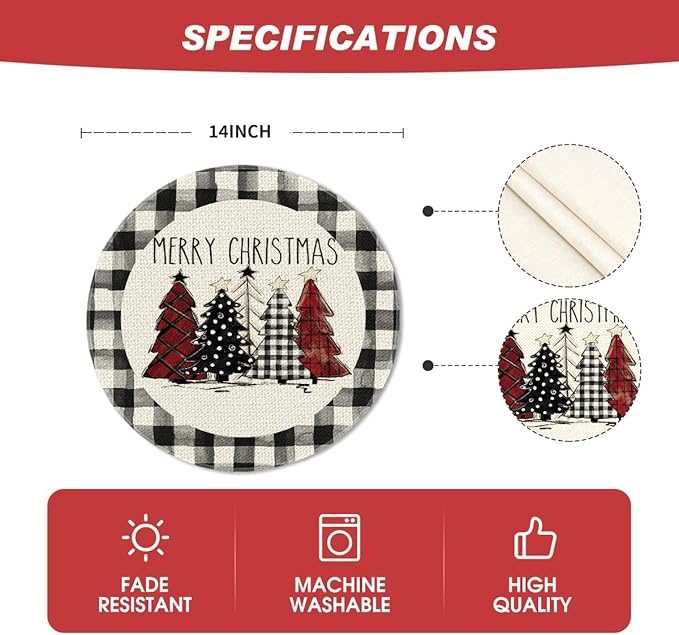 Artoid Mode Waterclor Buffalo Plaid Christmas Trees Merry Xmas Round Placemats Set of 12, 14 Inch Seasonal Winter Round Table Mats for Dining Decoration