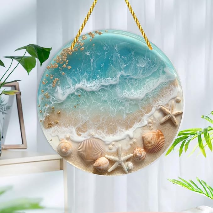 Acrylic Hanging Ornaments, Beach & Seashells Stained Glass Styles Decorative Signs & Plaques, Perfect for Nautical - themed Cafes, Home Window Decor, Coastal Wall Art, Garden, 8×8inch