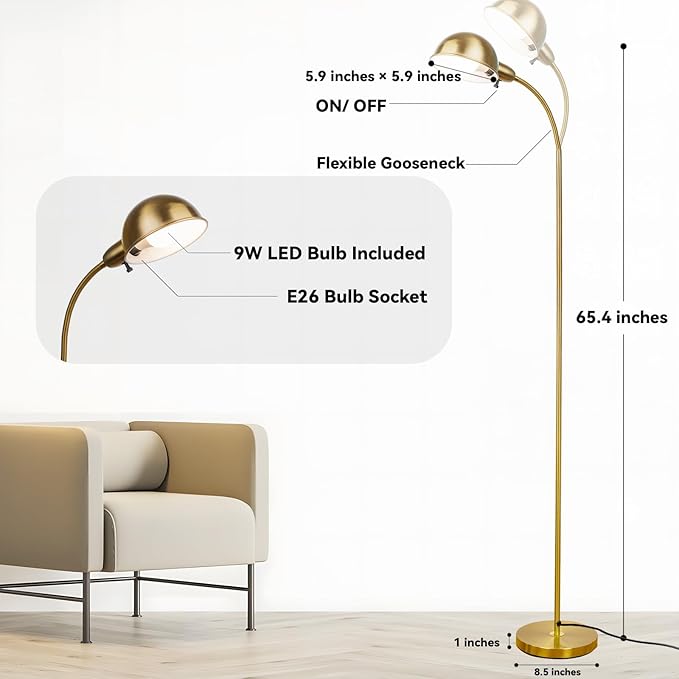 Dimmable Floor Lamp with Flexible Gooseneck and Rotatable Shade, Modern Style Standing Tall Lamp, E26 Socket, LED Reading Lamp (Gold)