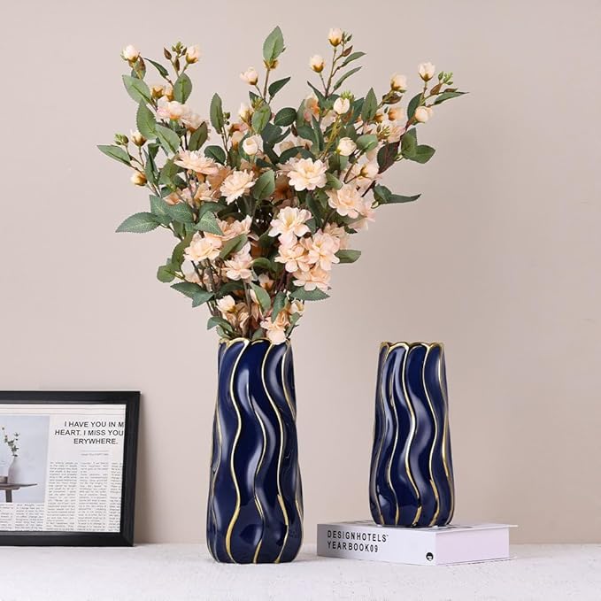 9.5" Blue Ceramic Vase - Minimalist Blue and Gold Flower Vase, Blue Decor Large Pampas Grass Vase, Boho Decorative Centerpiece Vase for Home Decor, Table, Shelf, Mantel, and Entryway