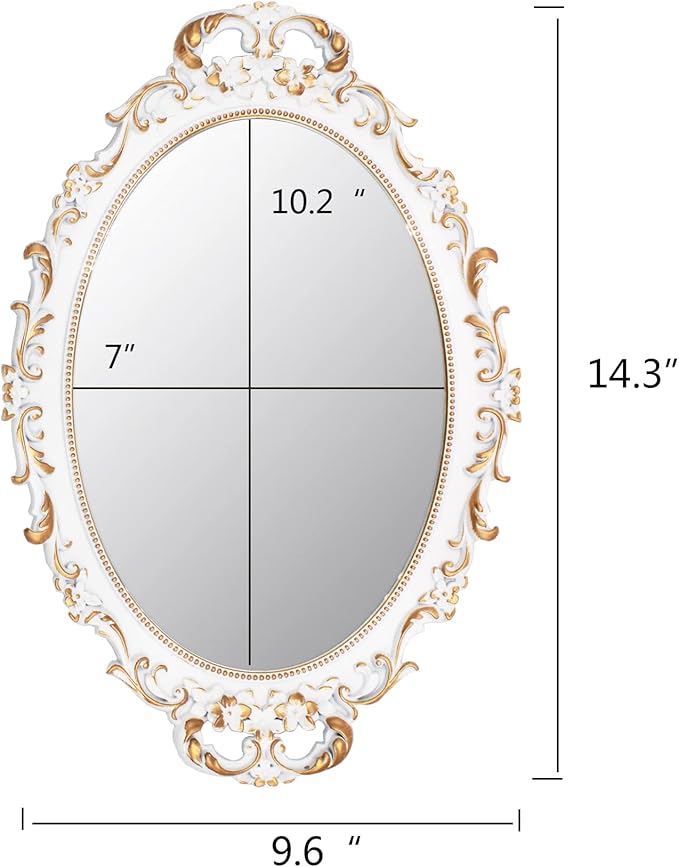 Vintage Decorative White Framed Mirror, Small Oval Wall Hanging Mirror - 9.6" W x 14.3" L (White)