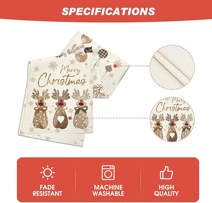 Artoid Mode Deer Snowflakes 210 GSM Merry Christmas Table Runner, Seasonal Winter Kitchen Dining Table Decoration for Home Party Decor 13x36 Inch