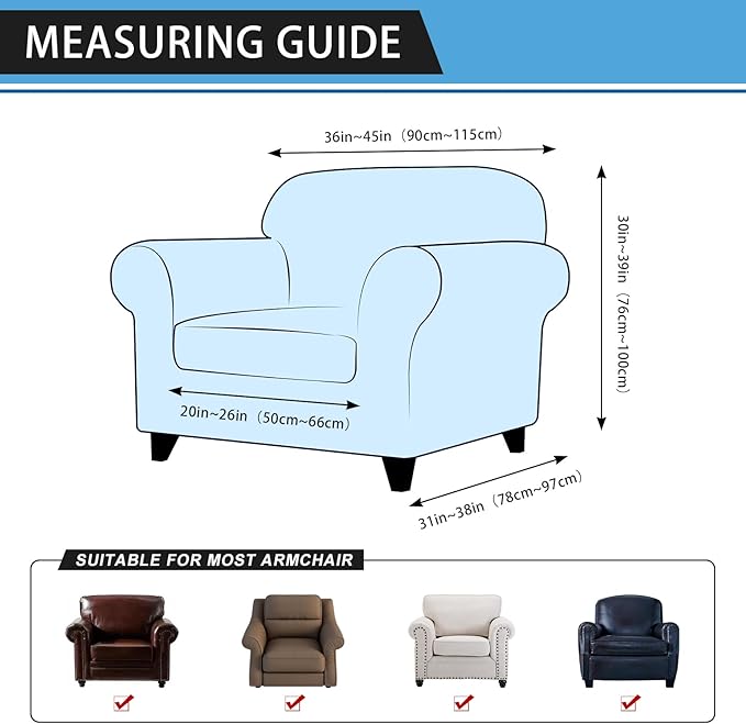 Single Sofa Cover Leather Look Chair Covers for Living Room 1-Piece Sofa Chair Covers with Arms Stretch Furniture Protector with Elastic Bottom & Pockets(Armchair, Light Grey)