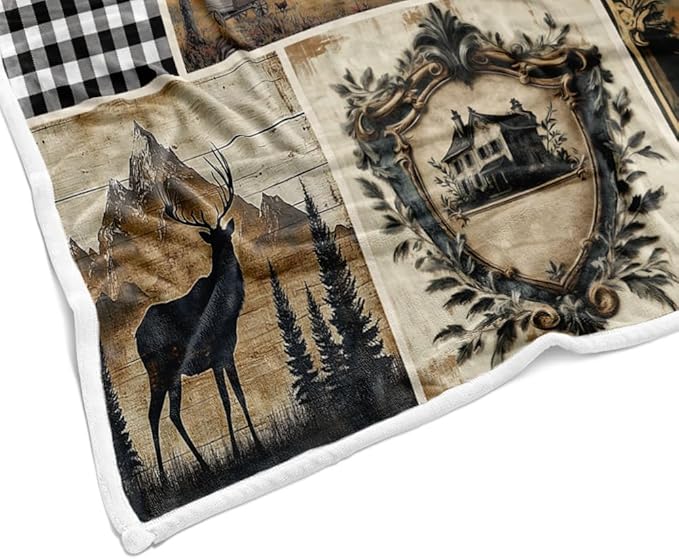 Rustic Cabin Throw Blankets, Farmhouse Animal Deer Cozy Warm Bed Couch Blanket, Plaid White Fleece Flannel Throws to Decorate The Room and Bedroom