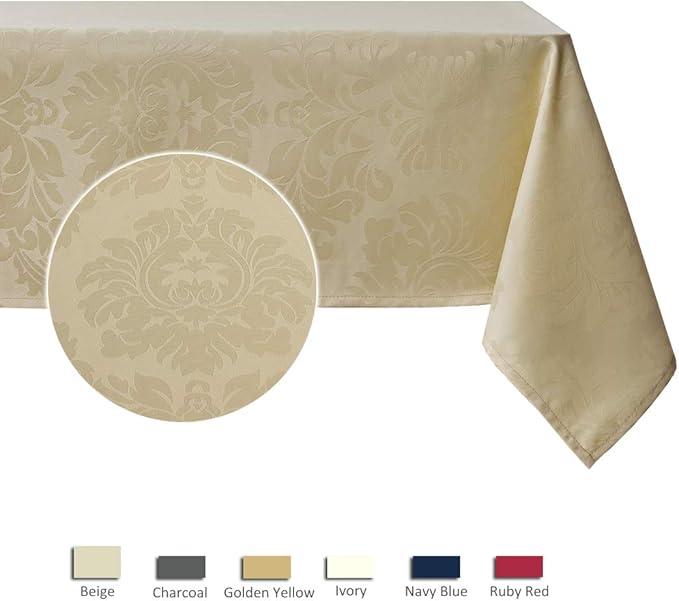 maxmill Square Table Cloth Damask Design Water Proof Wrinkle Free Heavy Weight Soft Tablecloth Decorative Fabric Table Cover for Outdoor and Indoor Use Square 70 x 70 Inch Beige