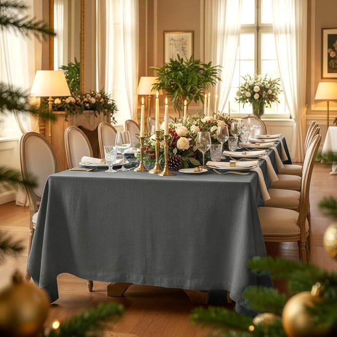 D'Moksha Homes Linen Tablecloth 60 x 90 Inch - 100% Pure Linen Charcoal Grey Tablecloth for Rectangle Tables - Machine Washable Table Cloth for Fall, Thanksgiving, Holiday