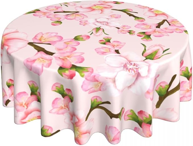 Japanese Tablecloth, Navy Blue Koi Traditional Cherry Blossom Vintage Floral Oriental Water Resisitant Wipeable Table Cover for Dining Kitchen Living Room Home Party Holiday Decor 60 inch Round