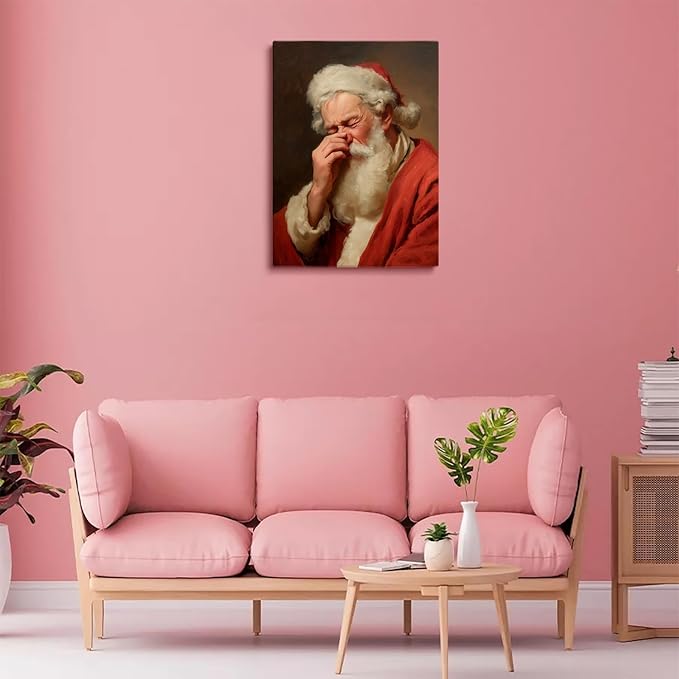 Funny Holiday Bathroom Print,Vintage Santa Plugging Nose Painting,Stinky Bathroom Wall Art,Santa Touching His Nose Prints