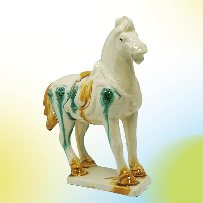 Handmade -Tang Dynasty Tri-Color Horse Sculpture Ceramic Horse-19cm Cultural Art Piece for Home,Bookcase or Office Decor (Ivory)