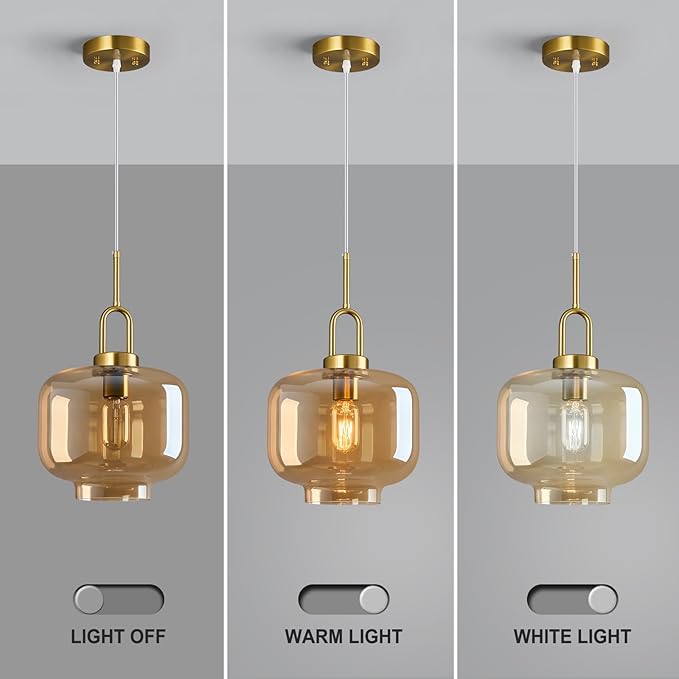 Cognac Glass Pendant Lights Kitchen Island Gold Pendant Light Fixtures Adjustable Height Modern Pendant Lighting for Bedroom Dining Room (9.06 in 1-Pack)