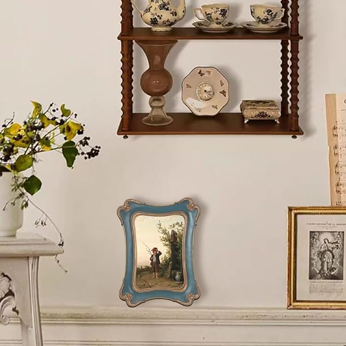 WINPLUS+ Vintage Picture Frame 5x7, Wall Mount and Tabletop Display, Art Gallery Gift (Mineral Green and Gold 5x7)