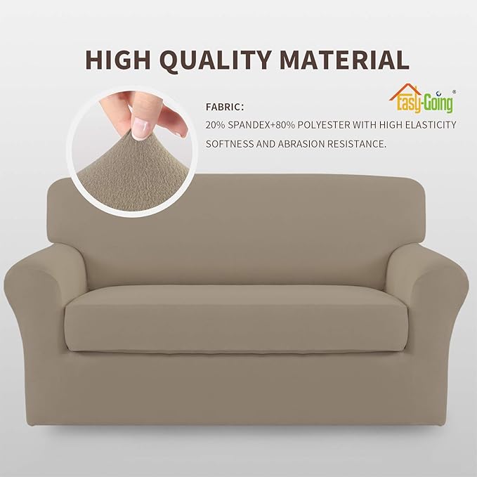 Easy-Going 2 Pieces Microfiber Stretch Sofa Slipcover – Spandex Soft Fitted Sofa Couch Cover, Washable Furniture Protector with Elastic Bottom Kids, Pet (Loveseat, Natural)