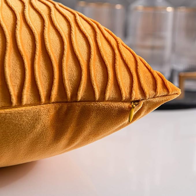 Fall Golden Yellow Couch Pillow Covers: 2 Pack 20x20 Inch Original Striped Velvet Square Throw Pillow Cases for Farmhouse Home Decor