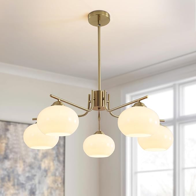 KCO Lighting 5-Light Globe Flush Mount Sputnik Chandelier Modern Brass Gold Pendant Lighting Fixture Milk Glass Ball Kitchen Island Chandelier Dining Room Light Fixture