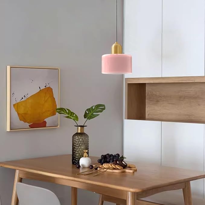 Modern Glass Pendant Light, E26 Hanging Light Fixture with Gold Metal Socket, Adjustable Cord Ceiling Lighting for Kitchen, Dining Room, and Bedroom (Pink)