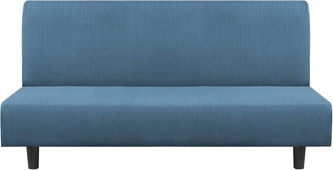 Flamingo P Stretch Armless Futon Covers Full Queen Futon Couch Covers Slipcover Futon Sofa Cover Futon Bed Cover Furniture Protector Covers with Elastic Bottom, Checked Pattern Jacquard, Dusty Blue
