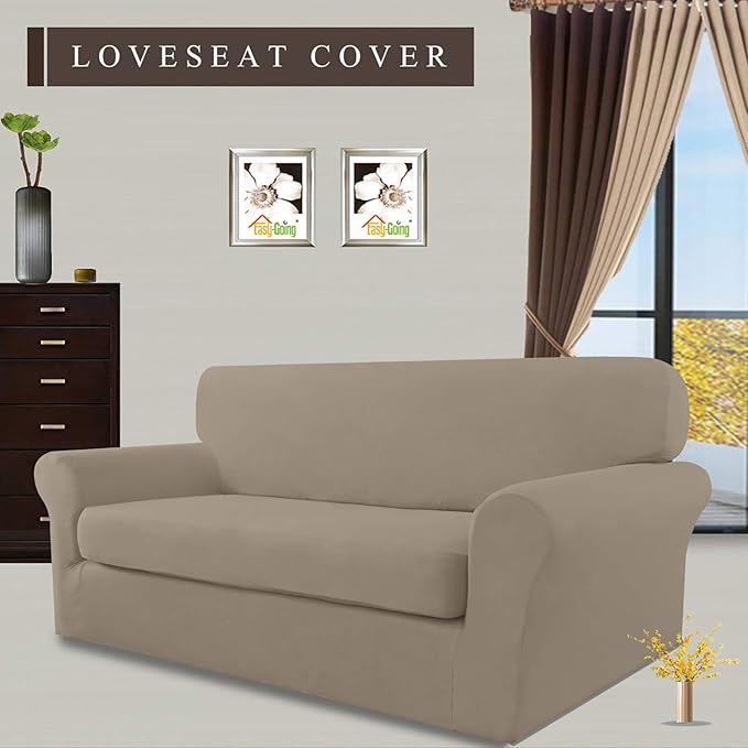 Easy-Going 2 Pieces Microfiber Stretch Sofa Slipcover – Spandex Soft Fitted Sofa Couch Cover, Washable Furniture Protector with Elastic Bottom Kids, Pet (Loveseat, Natural)