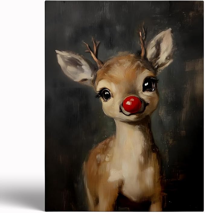 Christmas Red Nosed Reindeer Wall Art Prints,Cute Rudolph Reindeer Painting,Whimsical Baby Reindeer Canvas Prints,Moody Vintage Rudolph Poster,Rustic Christmas Nursery Home Decor